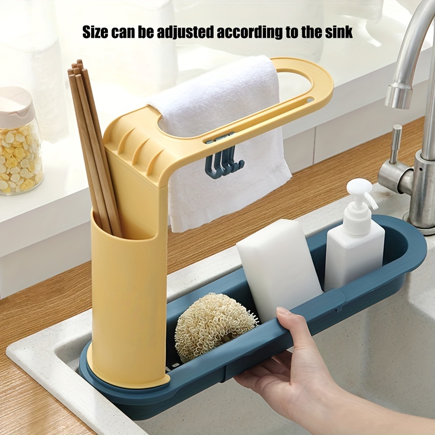 Adjustable Sponge Soap Holder Drainer Sink Tray Telescopic Sink Storage  Rack Holder Adhesive Sink Organizer Holder Dish Cloth Hanger 2-in-1 Sink  Caddy Drainer Tray for Home Kitchen Blue 