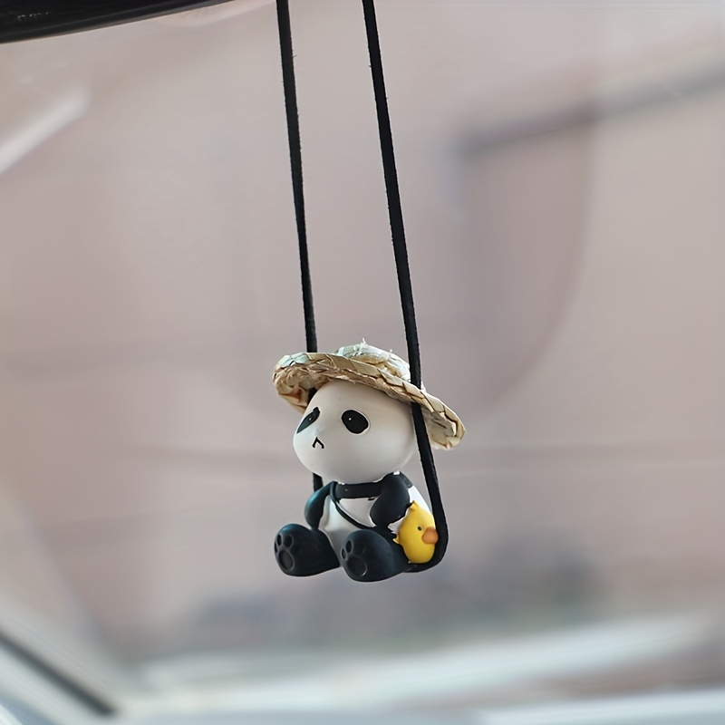 Cute Little Panda Car Interior Pendant Car Swing Straw Hat - Temu