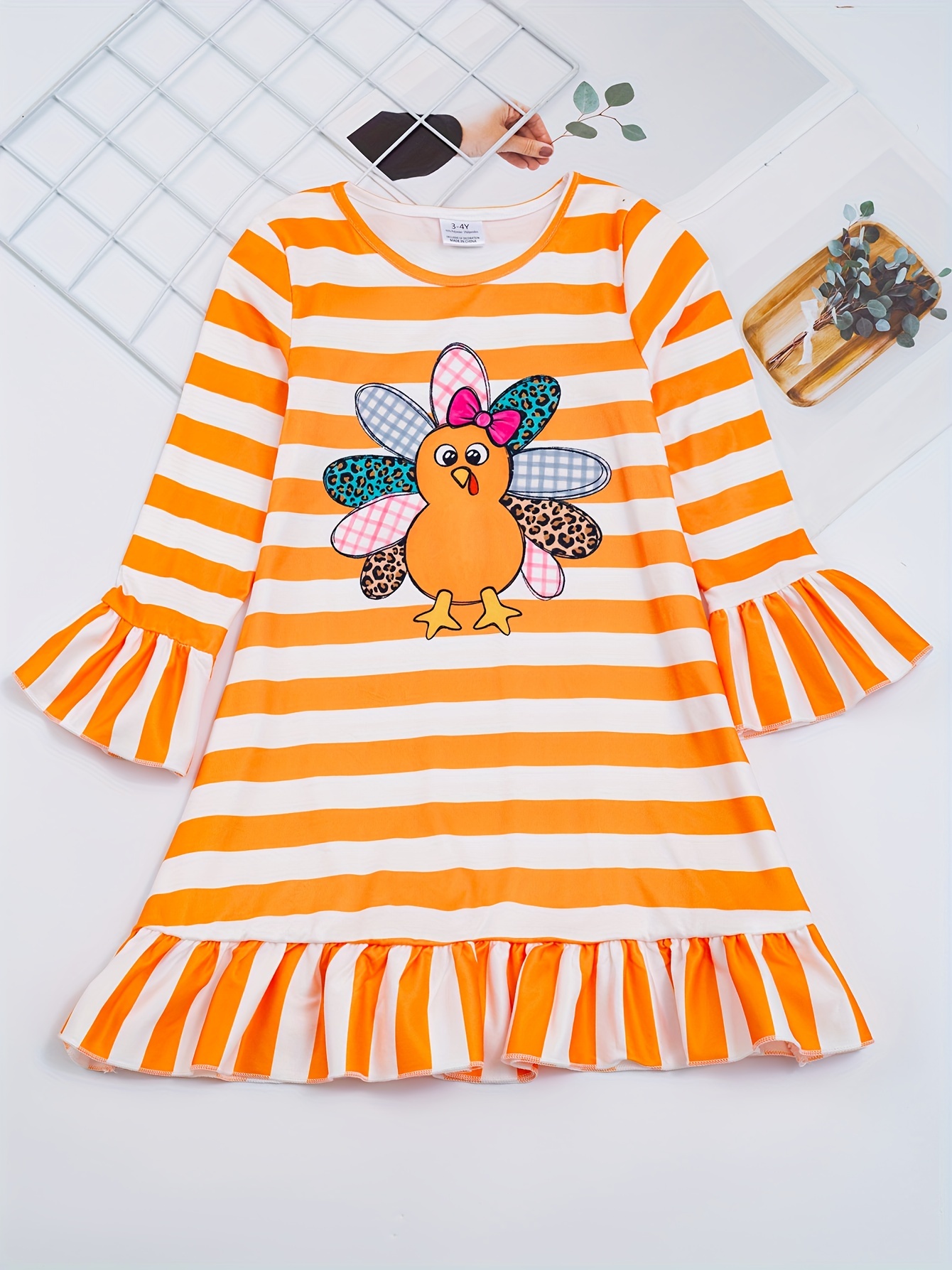 Girls Turkey Graphic Long Sleeve Stripped Dress Kids Clothes For  Thanksgiving Party Fall