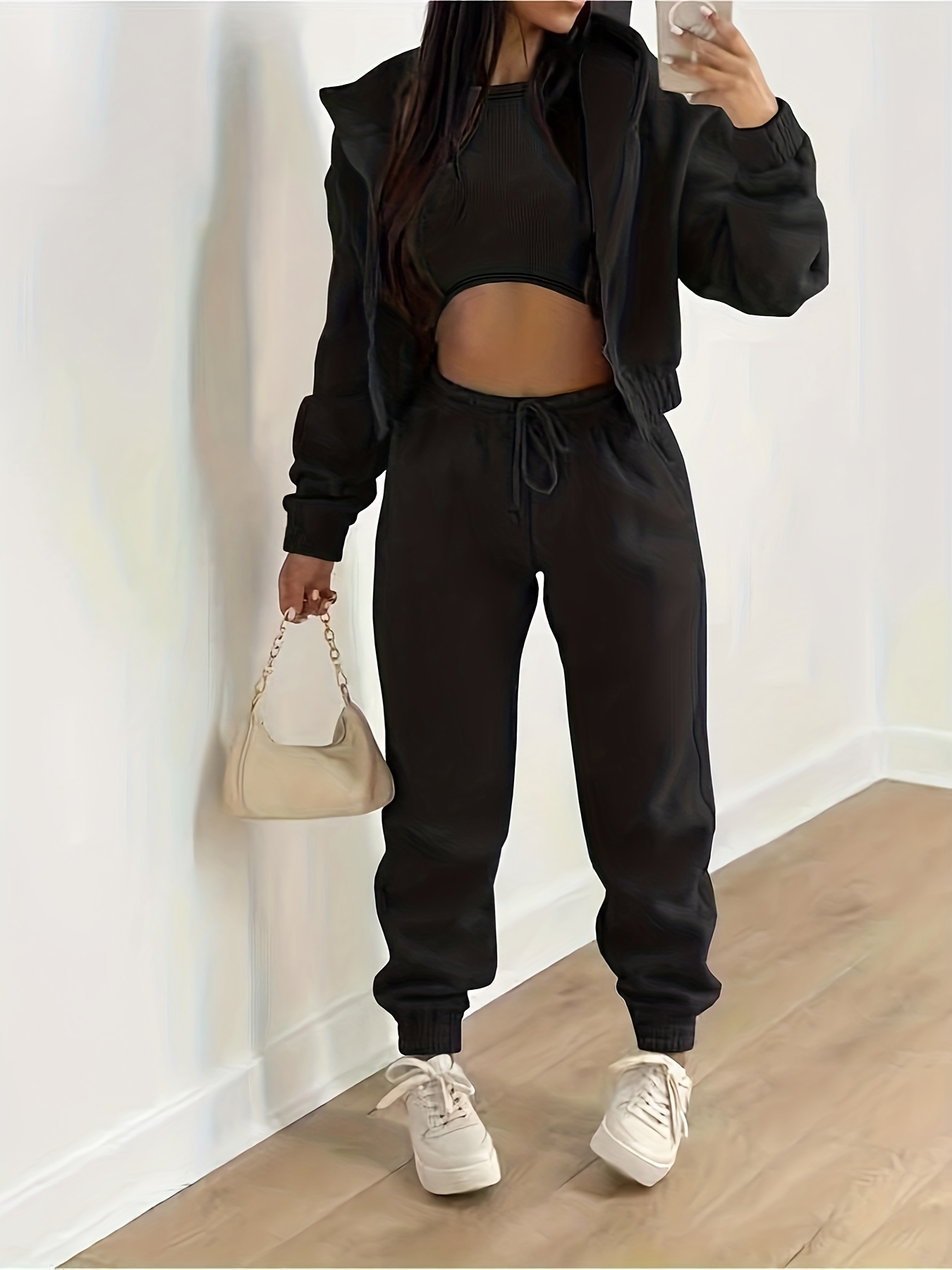 Casual 3pc Set Hooded Jacket, Tank Top, Jogger Pants