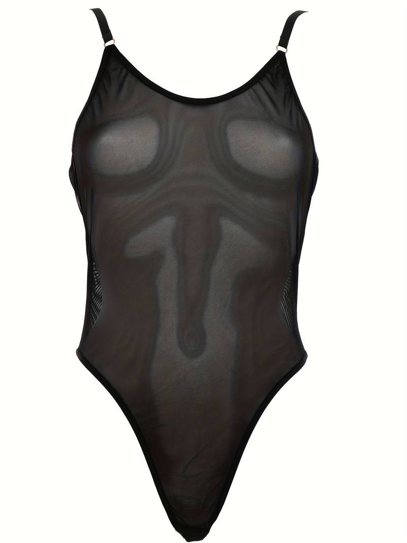 Women's Sheer Mesh Sleeveless Leotard Bodysuit | High Cut Thong Lingerie Nightwear | Solid Polyester One Piece