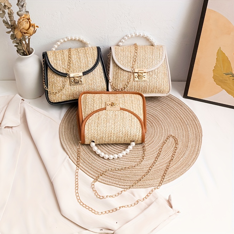 Mini Straw Woven Pearl Handbag, Simple Fashionable Pu Leather Crossbody Bag,  Women's Casual Versatile Shoulder Bag(7.09*2.36*1.77) - Temu