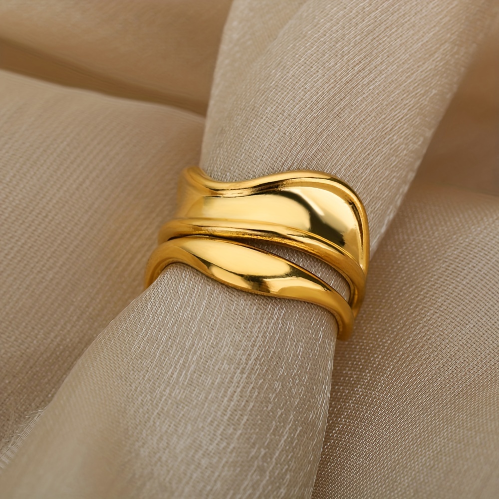 Golden Tone Stainless Steel Wave Open Ring