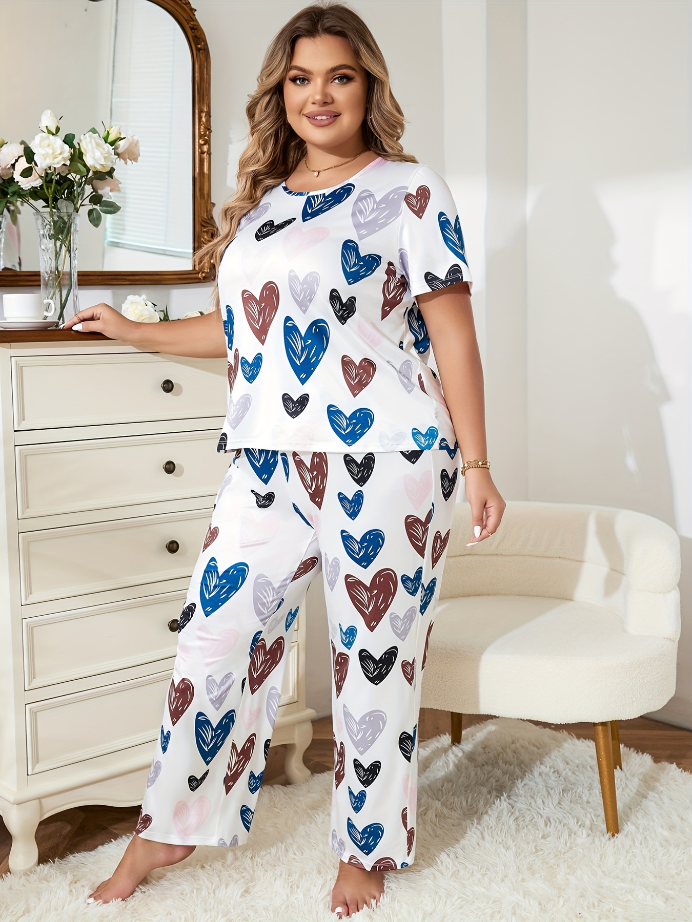 Heart Print Two Piece Loungewear Set
