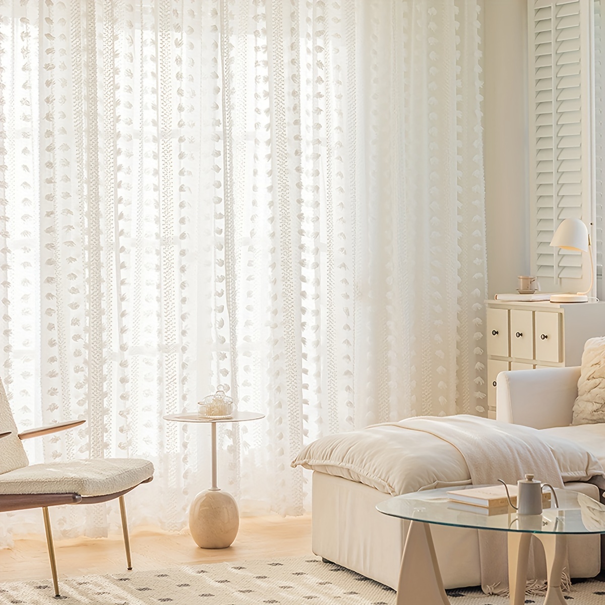 Image of 2pcs White Pom-pom Embroidered Sheer Curtains, Pure Decor Window Scrim, Translucent Shaggy Bean Yarn Curtain Panels, Rod Pocket, Suitable For ' Living Room Bedroom Decoration
