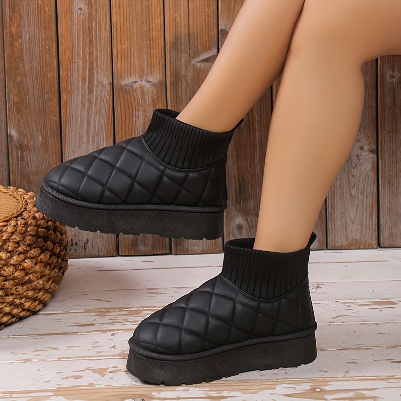 Women's Solid Color Boots Quilted Pattern Slip Round Toe - Temu
