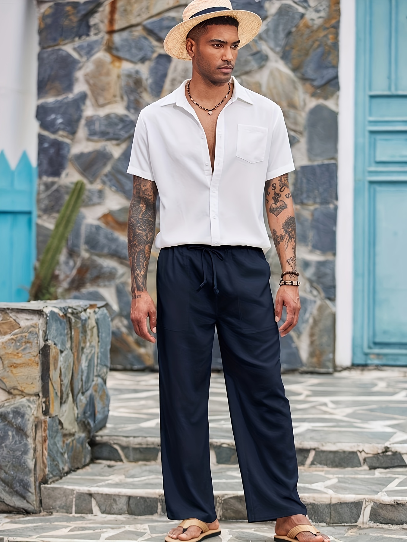 Spring Cotton Wide Leg Pants Men Fashion Solid Color Casual Pants