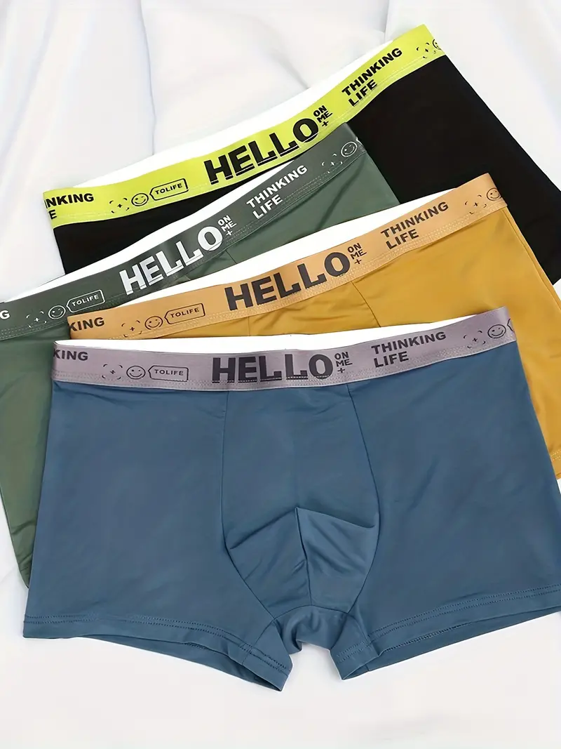 Men's 'hello' Print Fahsion Boxers Briefs Ice Silk Traceless - Temu