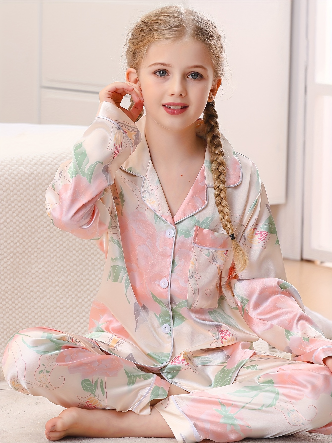 Toddler Girls 2-piece Viscose Pajama Sets Floral Pattern Lapel Front Buckle  Chest Pocket Long Sleeve Top & Matching Pants Casual PJ Sets