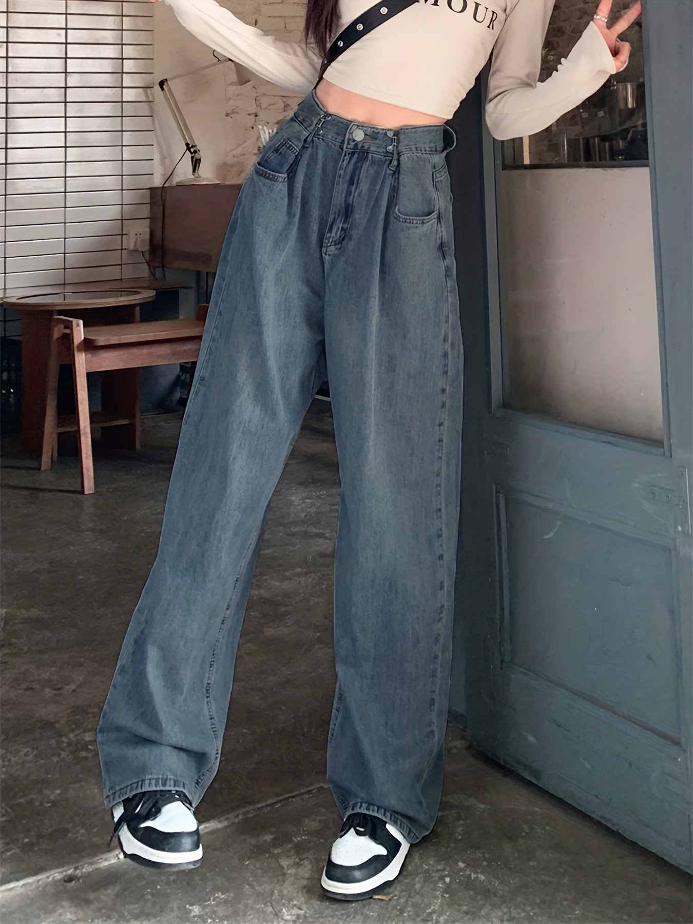 Blue Adjustable Button Waist Tapered Jeans, Slant Pockets Straight Legs  Denim Pants, Women's Denim Jeans & Clothing