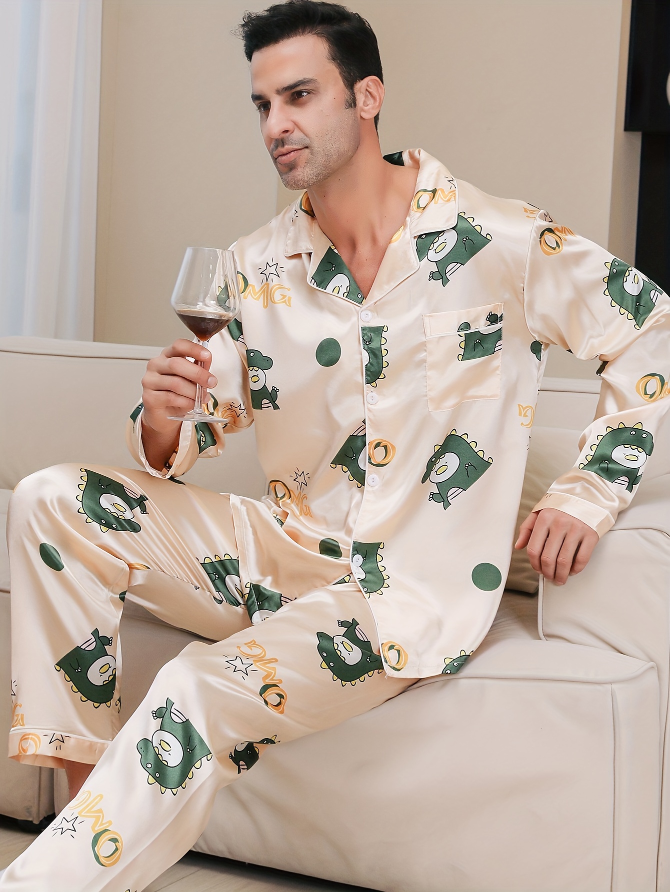 Men's Casual Cartoon Dinosaur Pajamas Sets Long Sleeve Lapel - Temu
