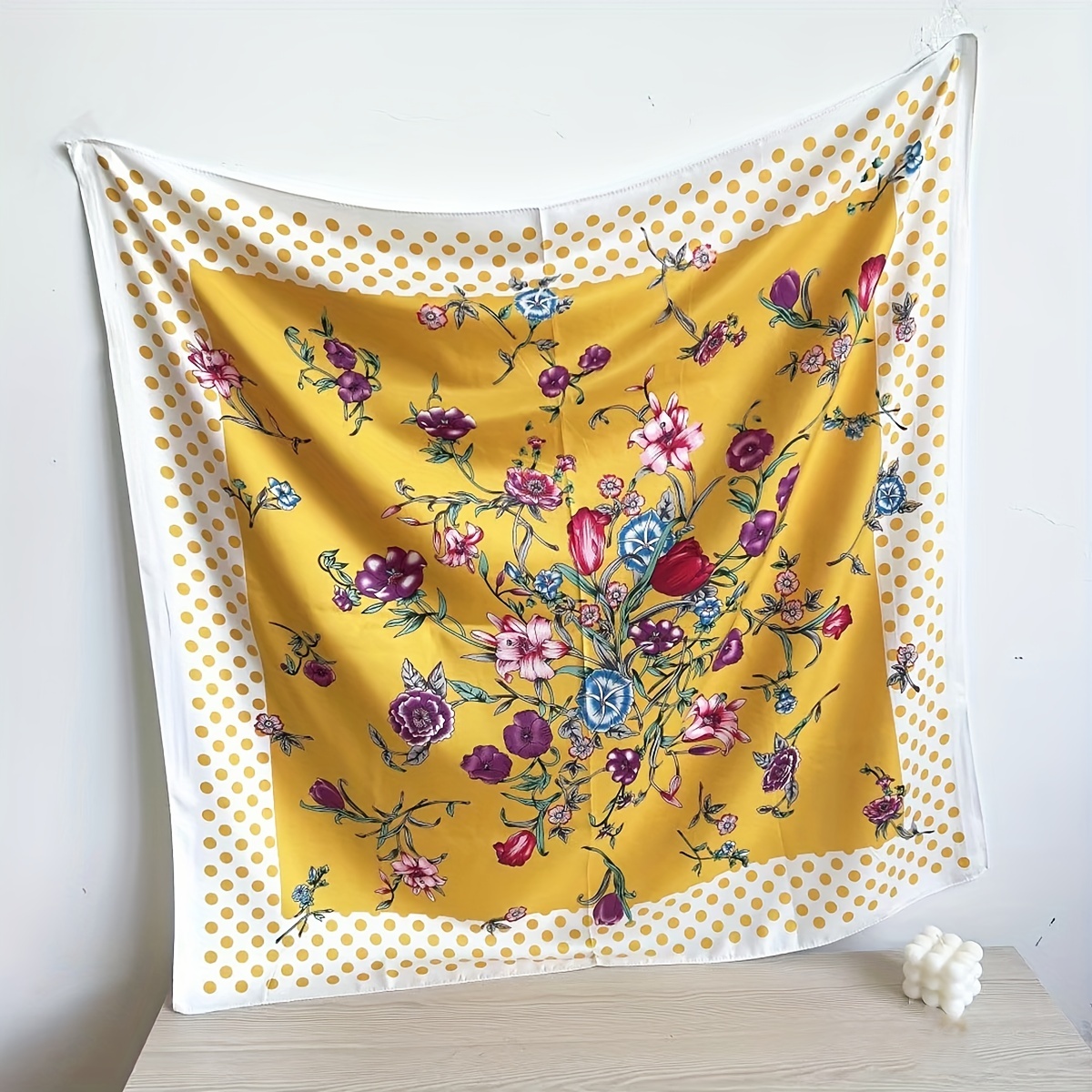 Polka Dot Flower Print Shawl Boho Twill Silk Square Scarf Vintage Neckerchief