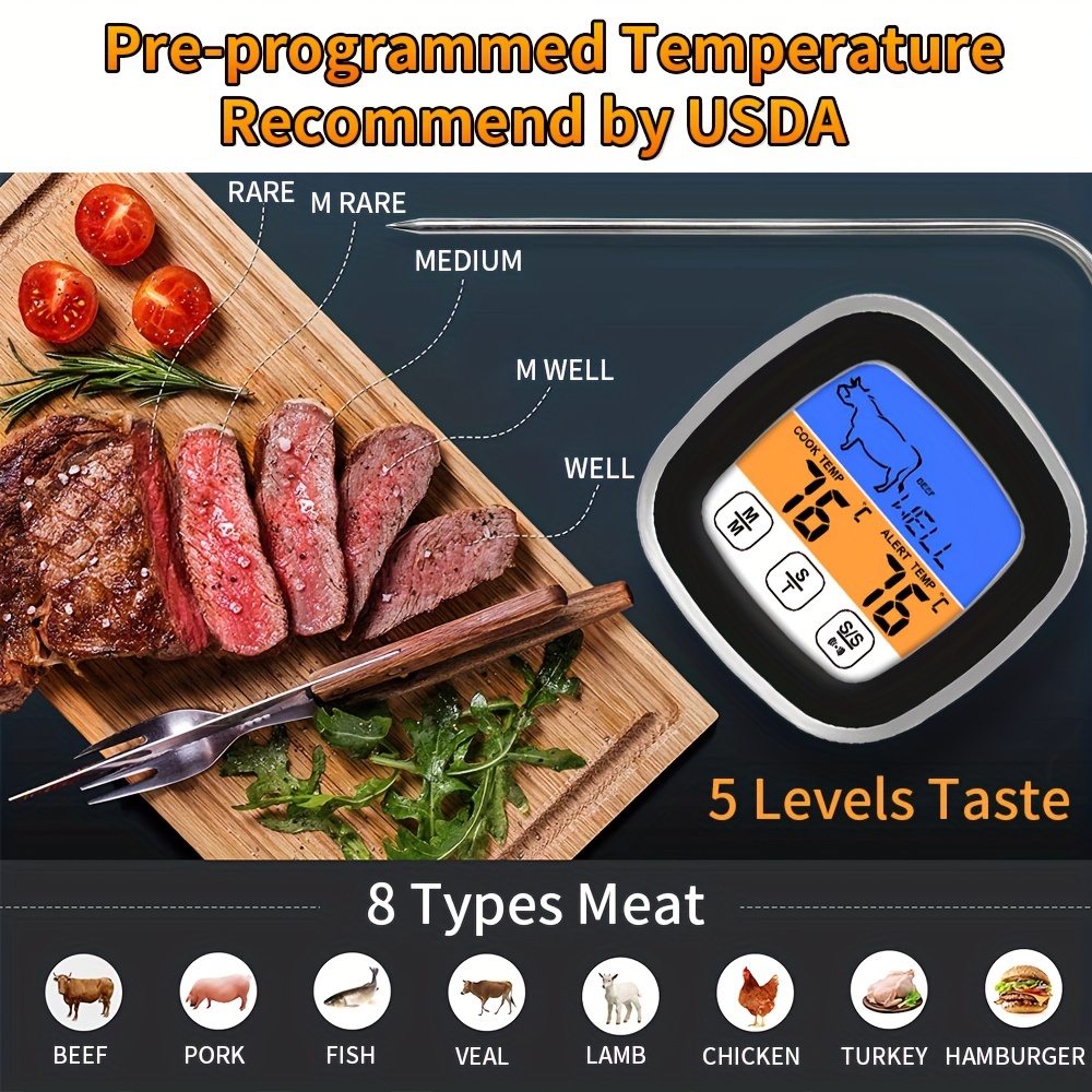 Food Thermometer, Largetouch Screen Meat Thermometer, Lcd Digital  Thermometer, Cooking Food Meat Smoker Oven Kitchen Bbq Grill Thermometer  With Clock Timer, Thermometer With Stainless Steel Probe, Kitchen  Accessaries - Temu