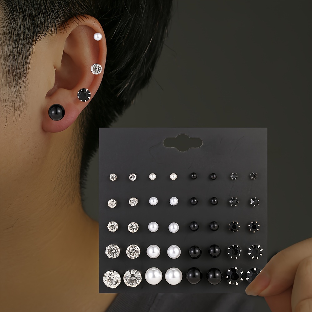 

20pairs Simple Rhinestones Imitation Pearl Men's Stud Earrings, Casual Couple Ear Accessories Party Gift