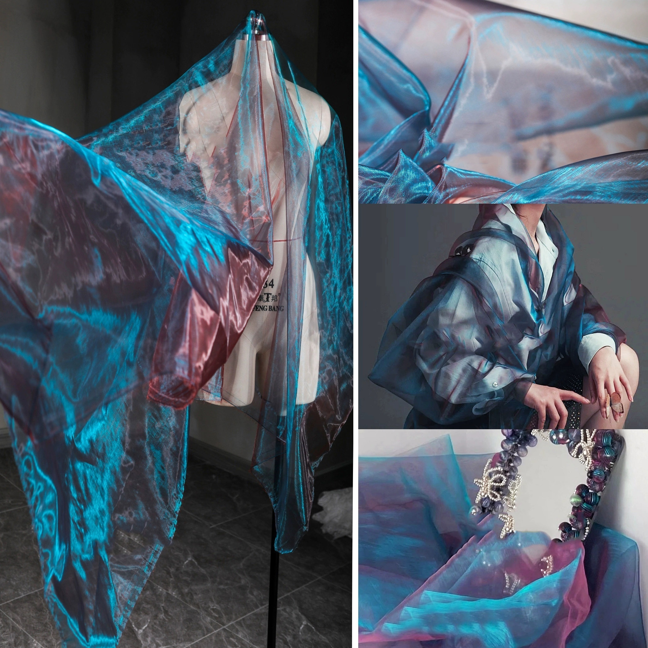 Ocean Blue Floral Fil Coupe Burnout Jacquard Organza Fabric Made