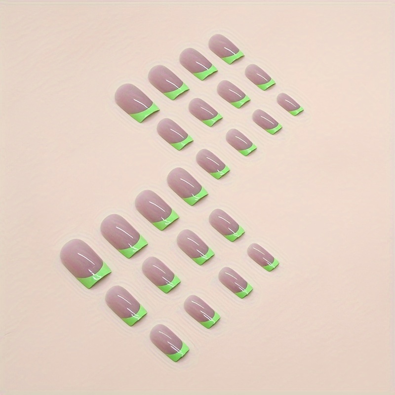 24pcs square press on nails short green french tip fake nails glossy acrylic nails nude pinkish base full cover glue on nails for women girls manicure decorations jelly glue and nail file included details 3