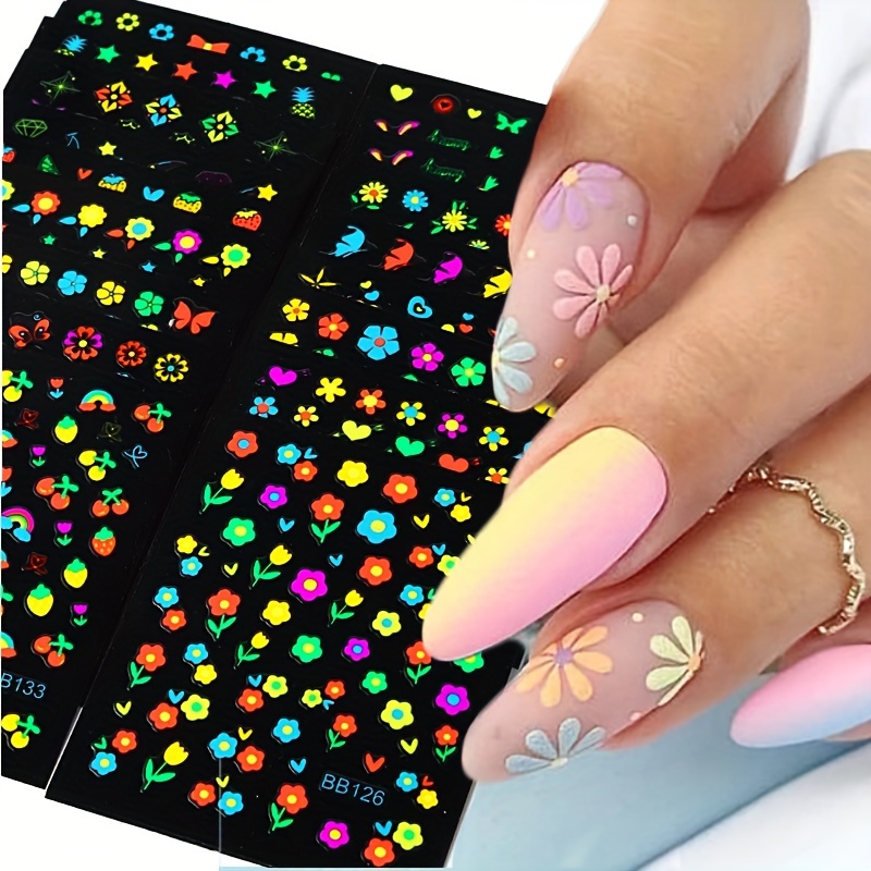 

24 Sheet Fluorescent Flower Rainbow Design Nail Art Stickers, Self Adhesive Nail Art Decals For Nail Art Decoration, Nail Art Supplies For Women And Girls For Music Festival