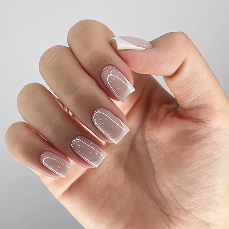 Temu French Fake Nails Short Square Press Nails Nude Pink Nail