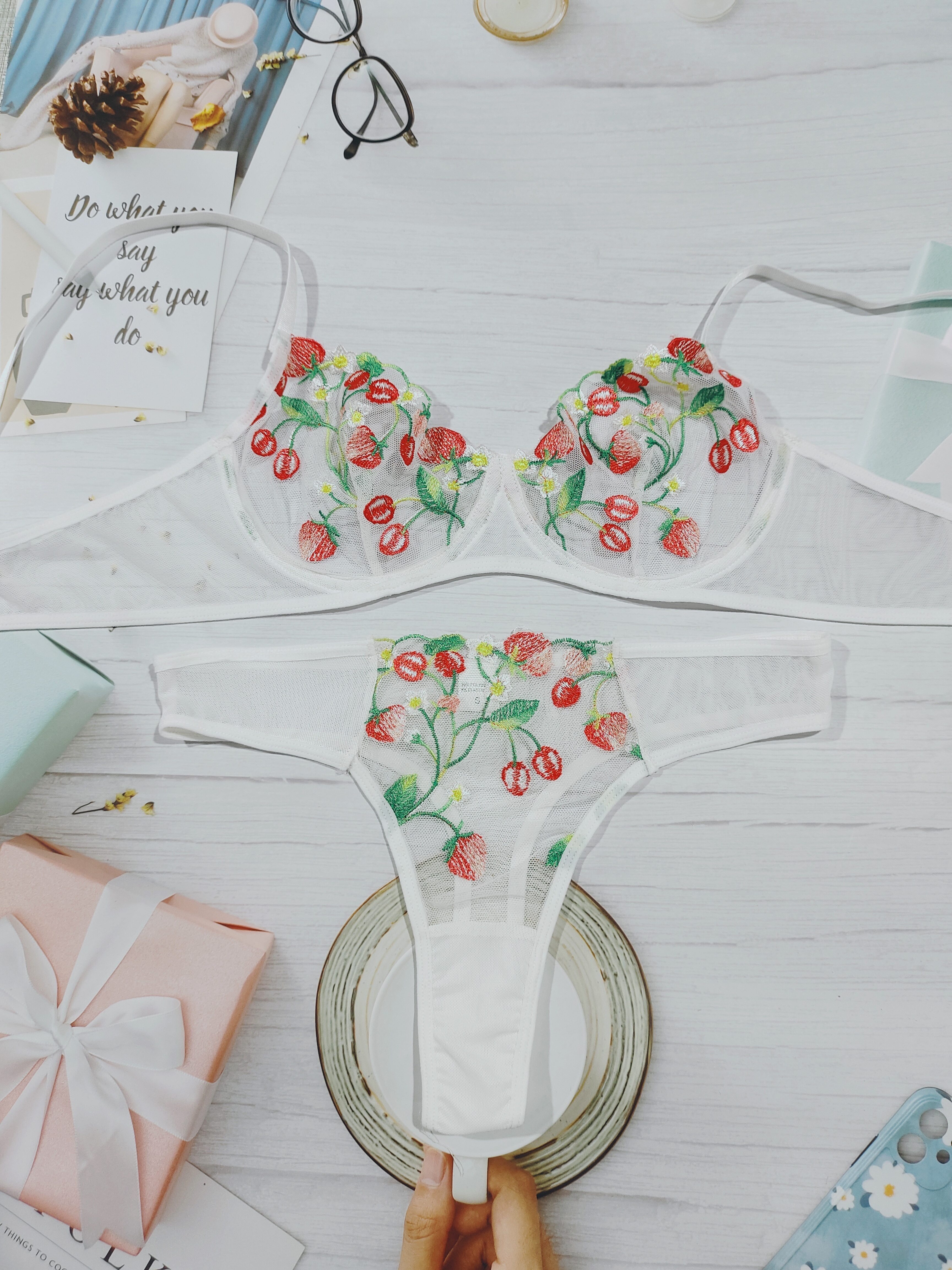 Floral Embroidery Lingerie Set Mesh Push Bra Cut Panties - Temu