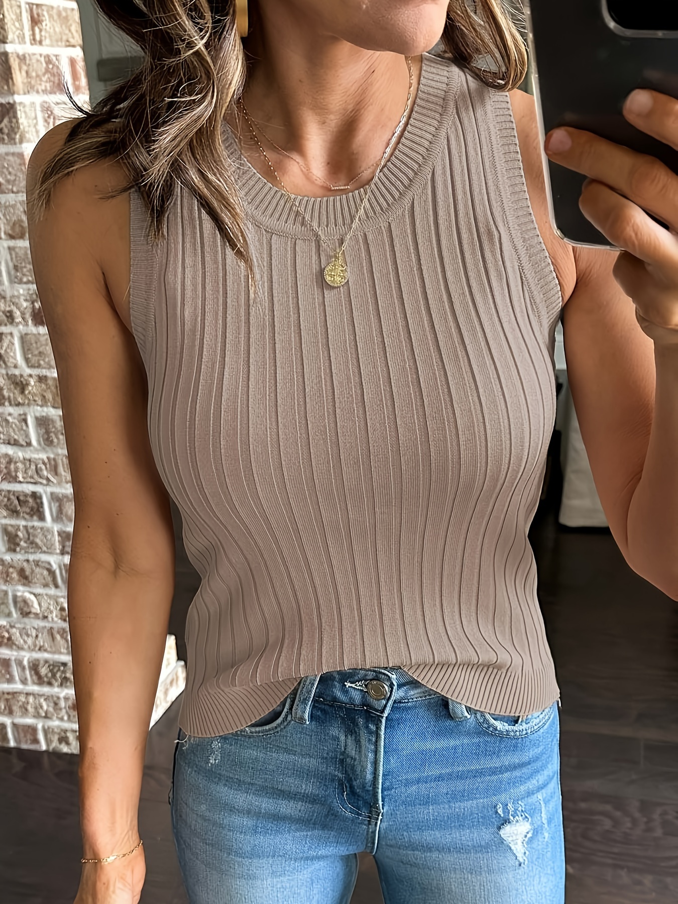 Solid Ribbed Knit Top Casual Crew Neck Sleeveless Simple - Temu Canada