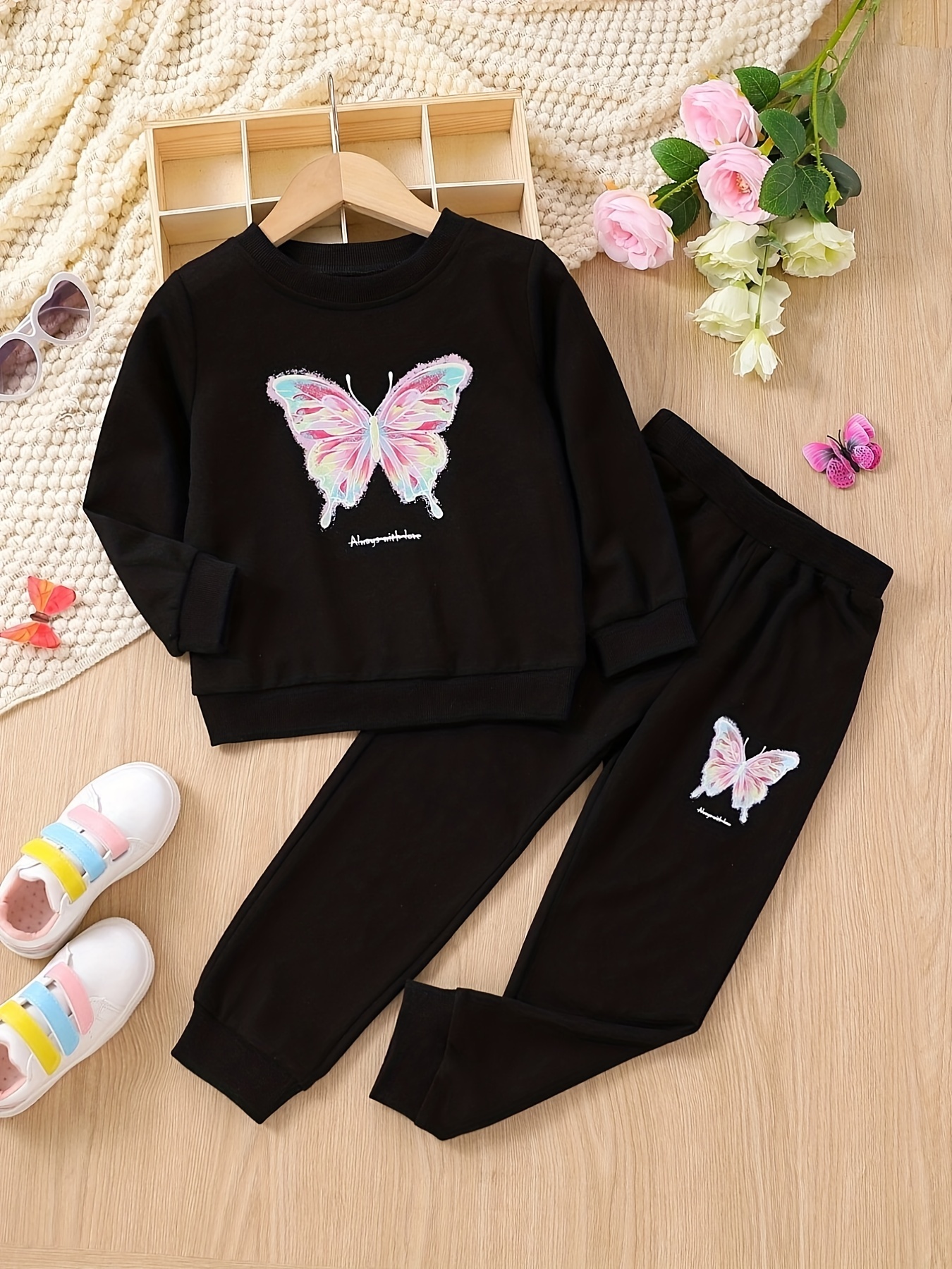 Toddler Girls Butterfly Pattern Sweatshirt + Matching - Temu