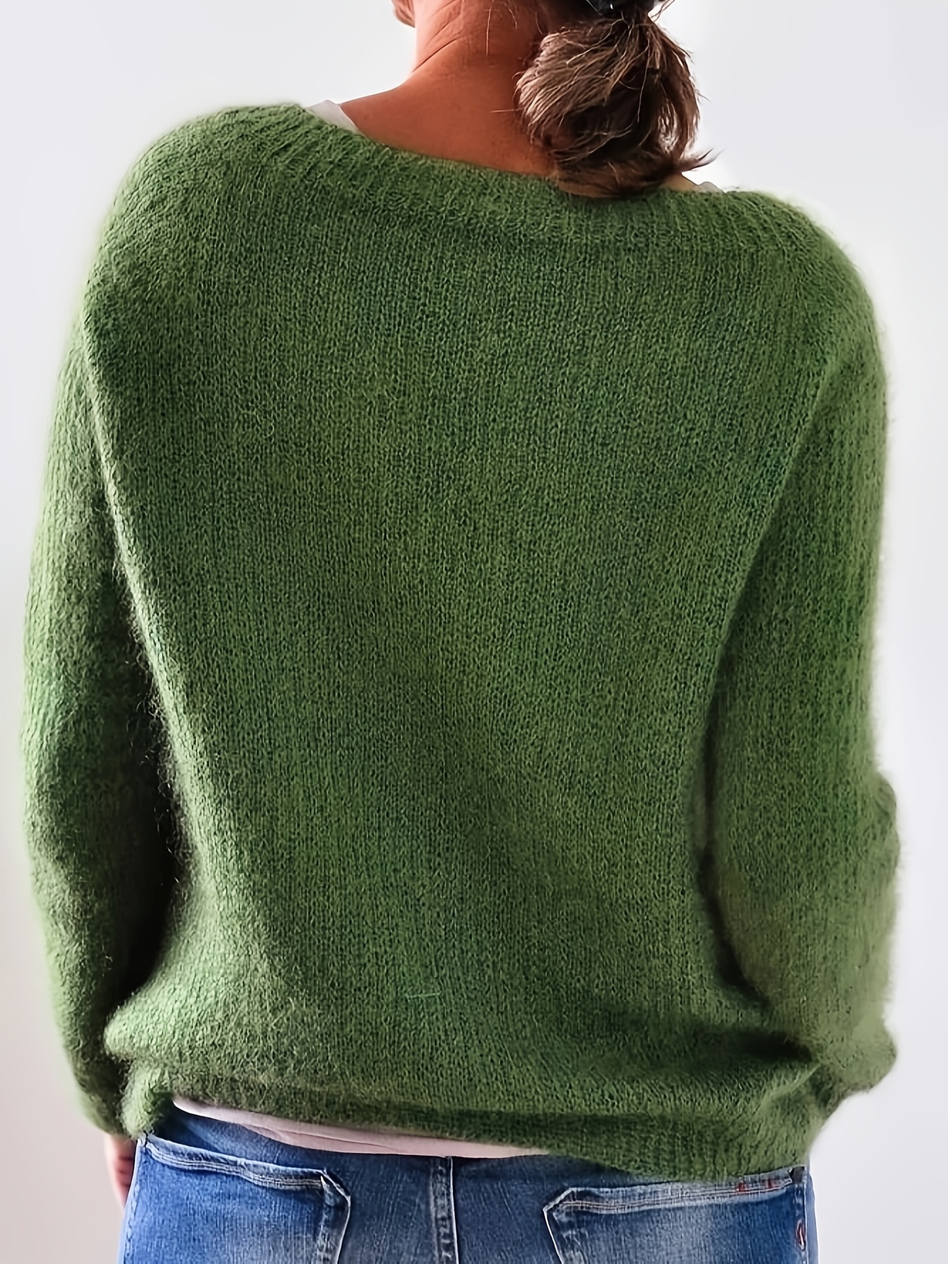 solid crew neck sweater casual long sleeve drop shoulder sweater womens clothing green 1