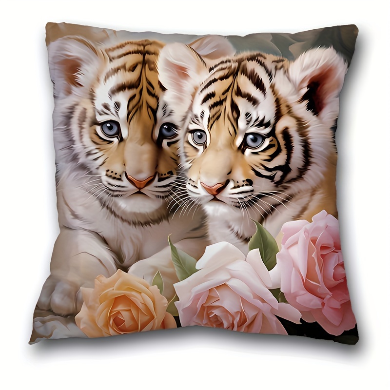 

1pc, Tiger Flower Style Polyester Cushion Cover, Pillow Cover, Room Decor, Bedroom Decor, Sofa Decor, Collectible Buildings Accessories (cushion Is Not Included)