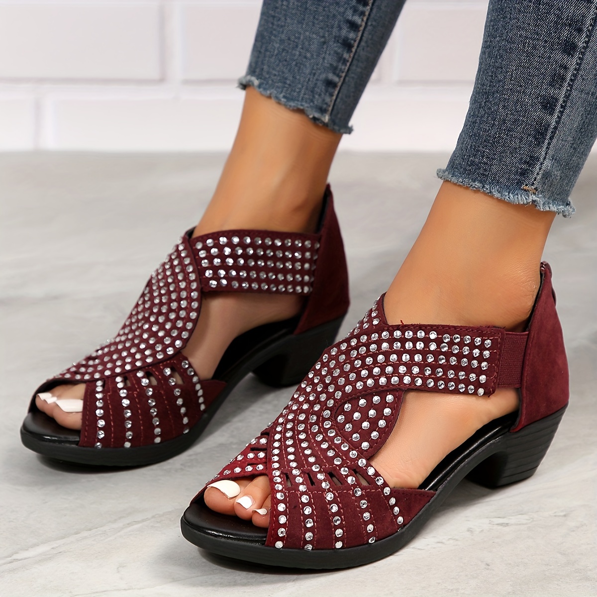 Women's Rhinestone Pattern Sandals Peep Toe Back Zipper - Temu