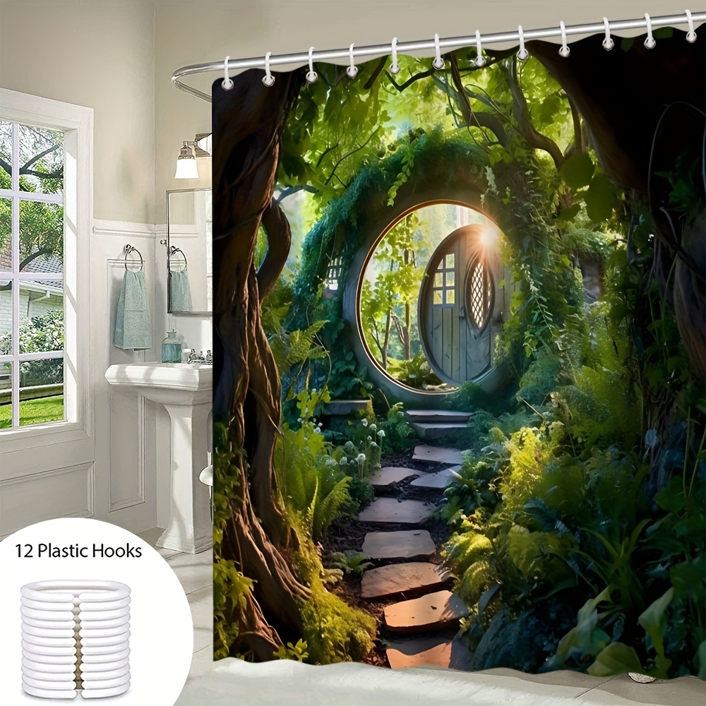 1pc Natural Landscape Shower Curtain With Scenery Such As Mountain, Forest,  River, Green Plants And Wild Lakes; Suitable For Home Bathroom, Bathtub  Partition, Shower And Including Hooks For Bathroom Decoration