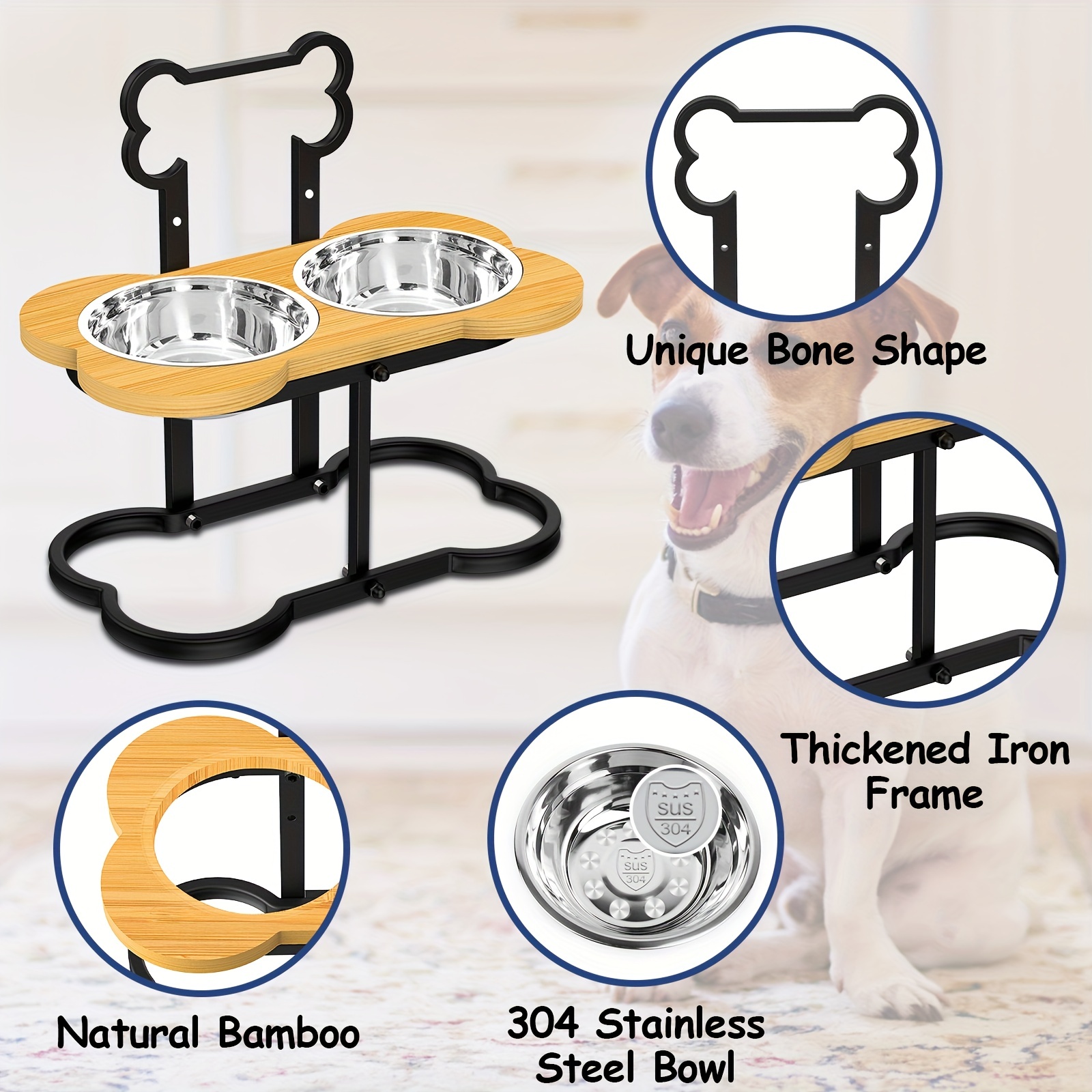 Elevated Dog Cat Bowls, Unique Bone Shape Bamboo Raised Dog Bowl