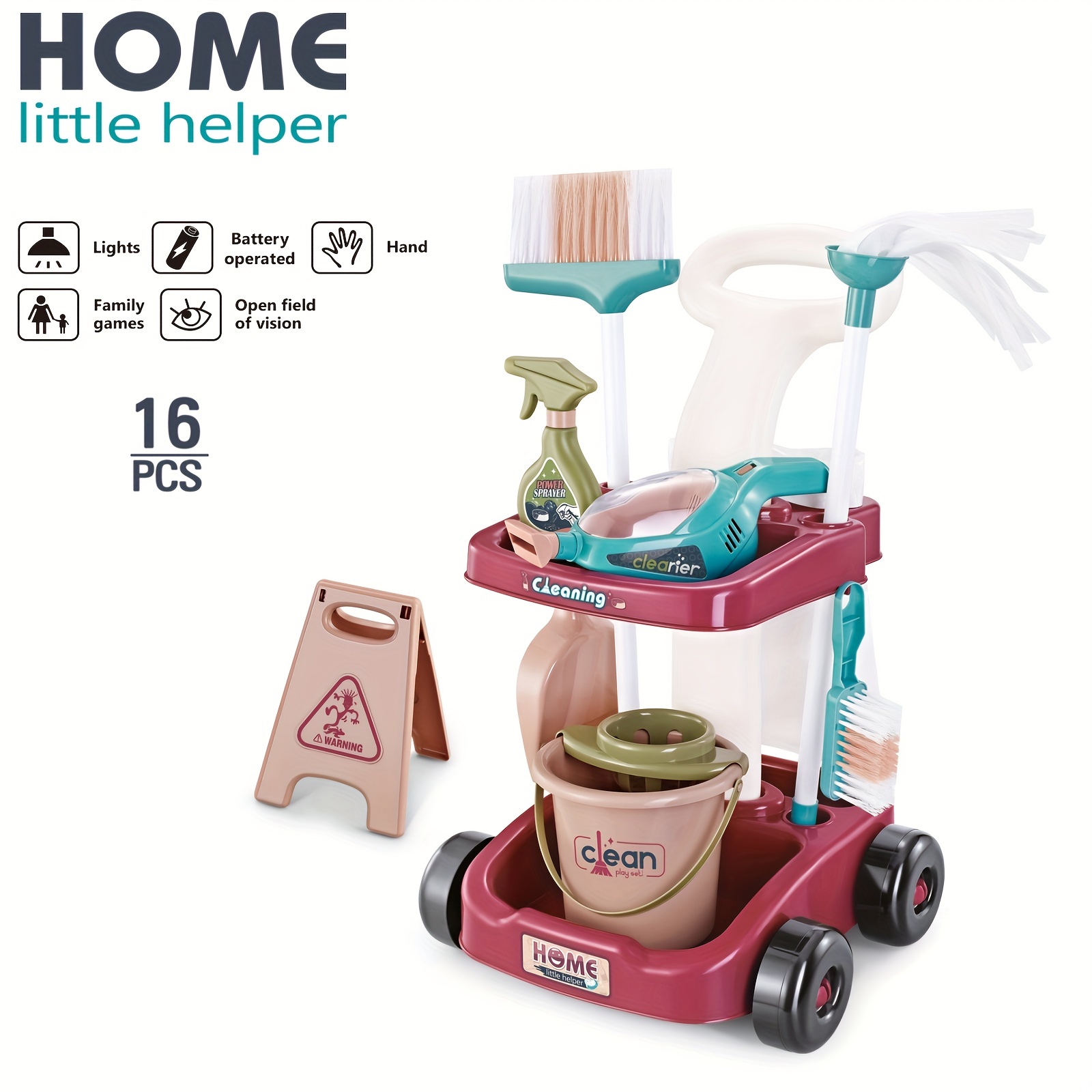 Kids' Pretend Play Cleaning Toy Set With Vacuum, Broom, Mop, Cleaning Car,  Tool Kit For Cleaning And Housekeeping