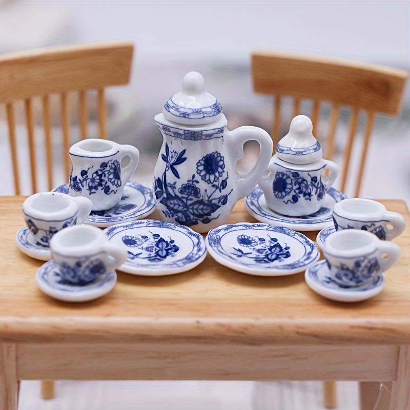 Mini Teapot Cup Plate,Simulation Dining Ware Accessories Toys,Dollhouse  Miniature Porcelain Tea Cup Ornaments Flower