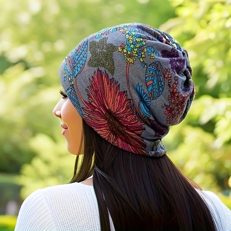 

Vintage Flower Print Slouchy Beanie Boho Neck Gaiter Elastic Skull Cap Lightweight Breathable Beanies Classic Chemo Cap For Women