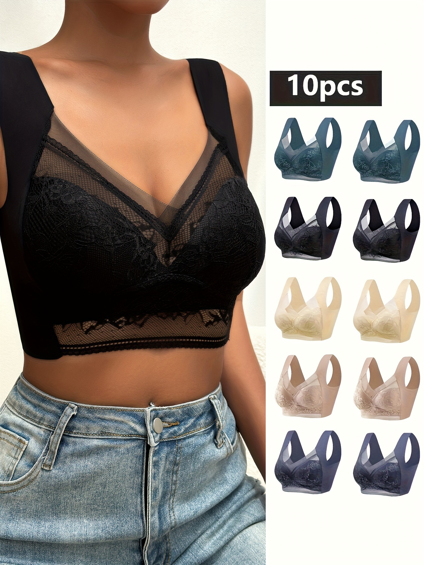 Solid Lace Stitching Bralettes Comfy Breathable Intimates - Temu