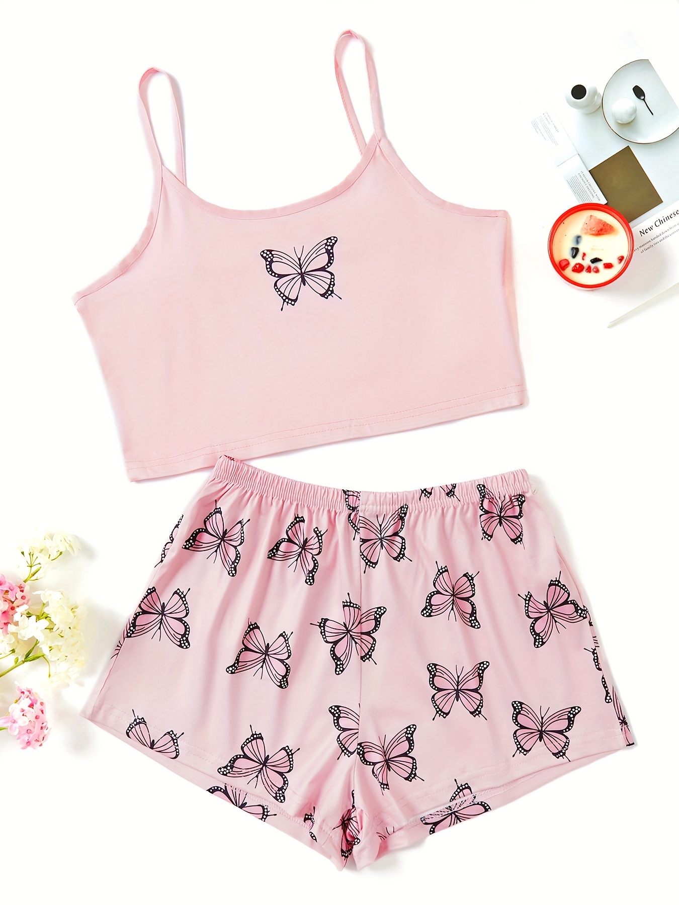 Butterfly Print Pajama Set, Casual Cami Crop Top & Elastic Waistband  Shorts, Women's Sleepwear & Loungewear