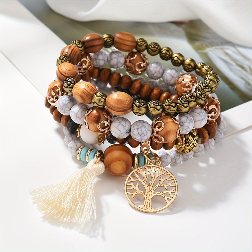 Handmade Tree Tassel Charms Beads Multilayer Bracelet - Temu