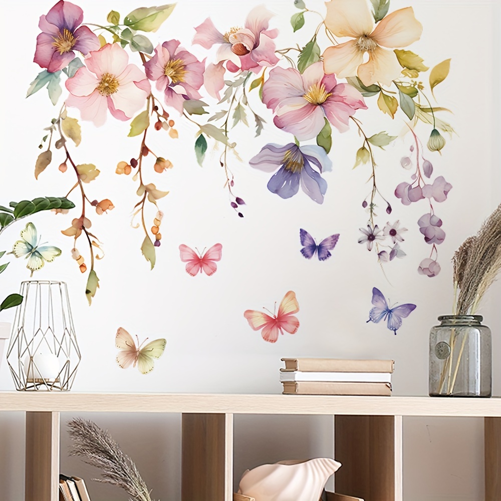 

2pcs Colorful Flowers Wall Decals, Removable Butterfly Green Leaves Peel And Stick Wall Stickers, Elegant Floral Art Mural Wallpaper For Bedroom Living Room Home Sofa Background Decoration (2 Style)