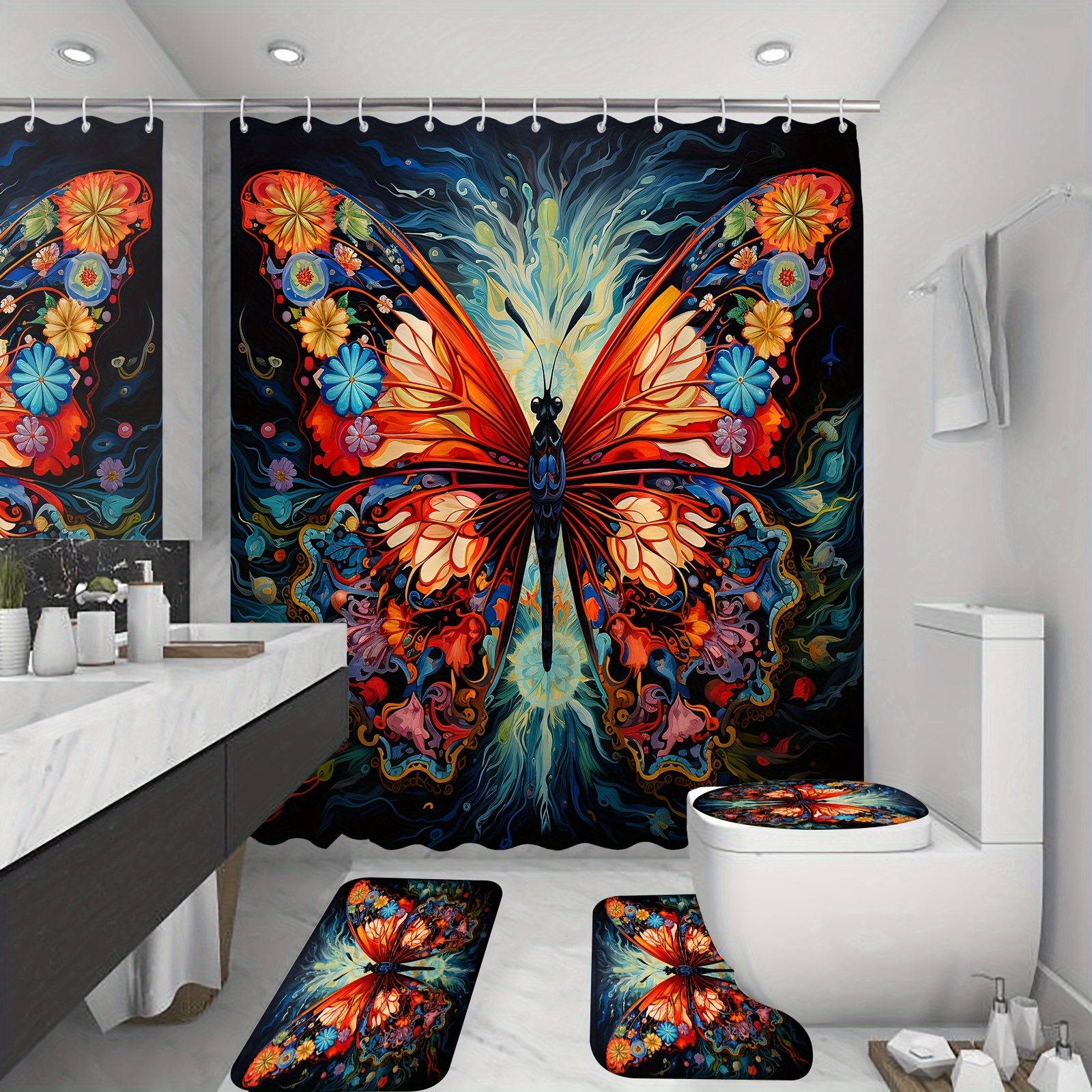 Colorful Butterfly Shower Curtain with 12 Hooks Waterproof