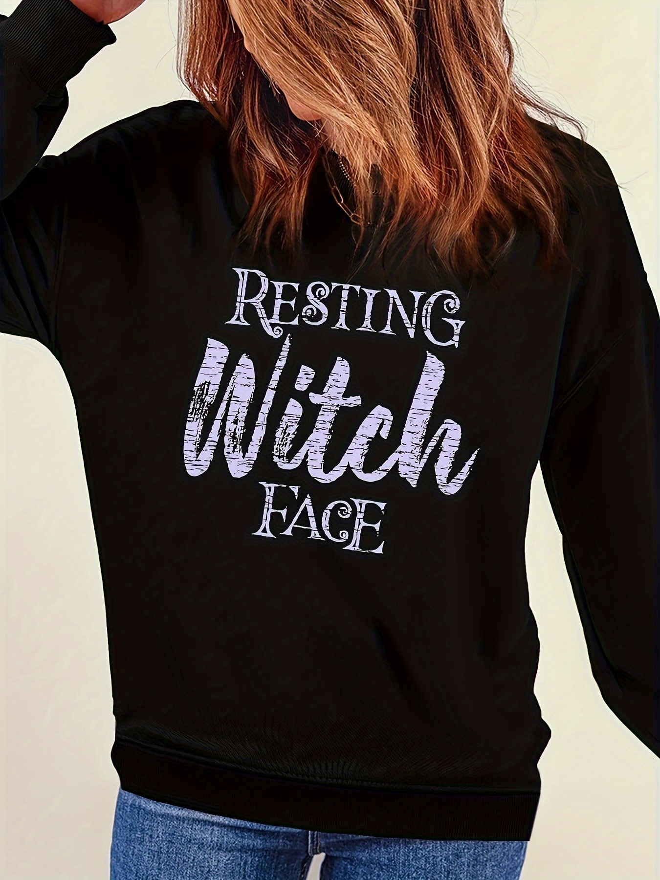 witch letter print sweatshirt casual long sleeve crew neck sweatshirt womens clothing details 3