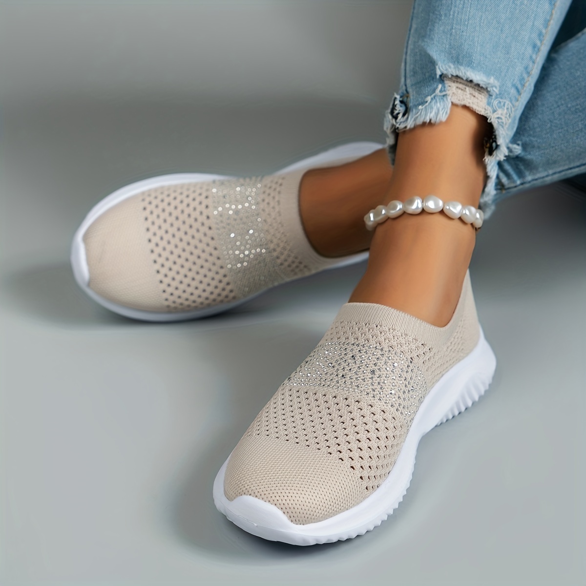 Women's Solid Color Mesh Sneakers Rhinestone Decor Slip On - Temu