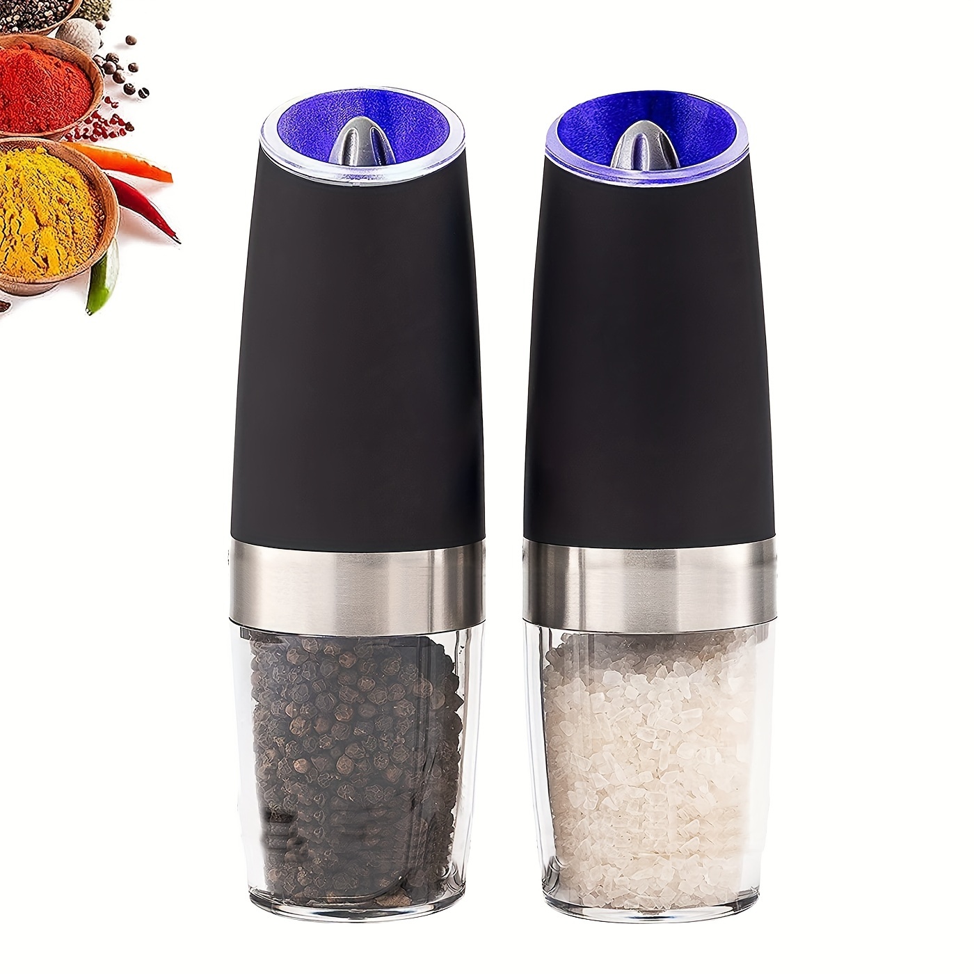 

1/2pcs Gravity Electric Pepper And Salt Grinder Set, Adjustable Coarseness, Battery Powered With Led Light, 1 Hand Automatic Operation, Stainless Steel Black 7.8inch/2inch
