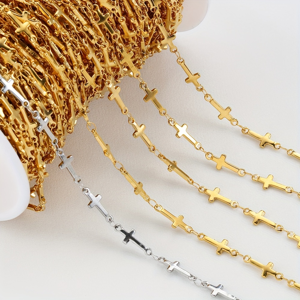 1meter Stainless Steel Cross Charm Beaded Link Chains For Jewelry Making  DIY Necklace Bracelet, Colorfast Golden Diy Chain Material