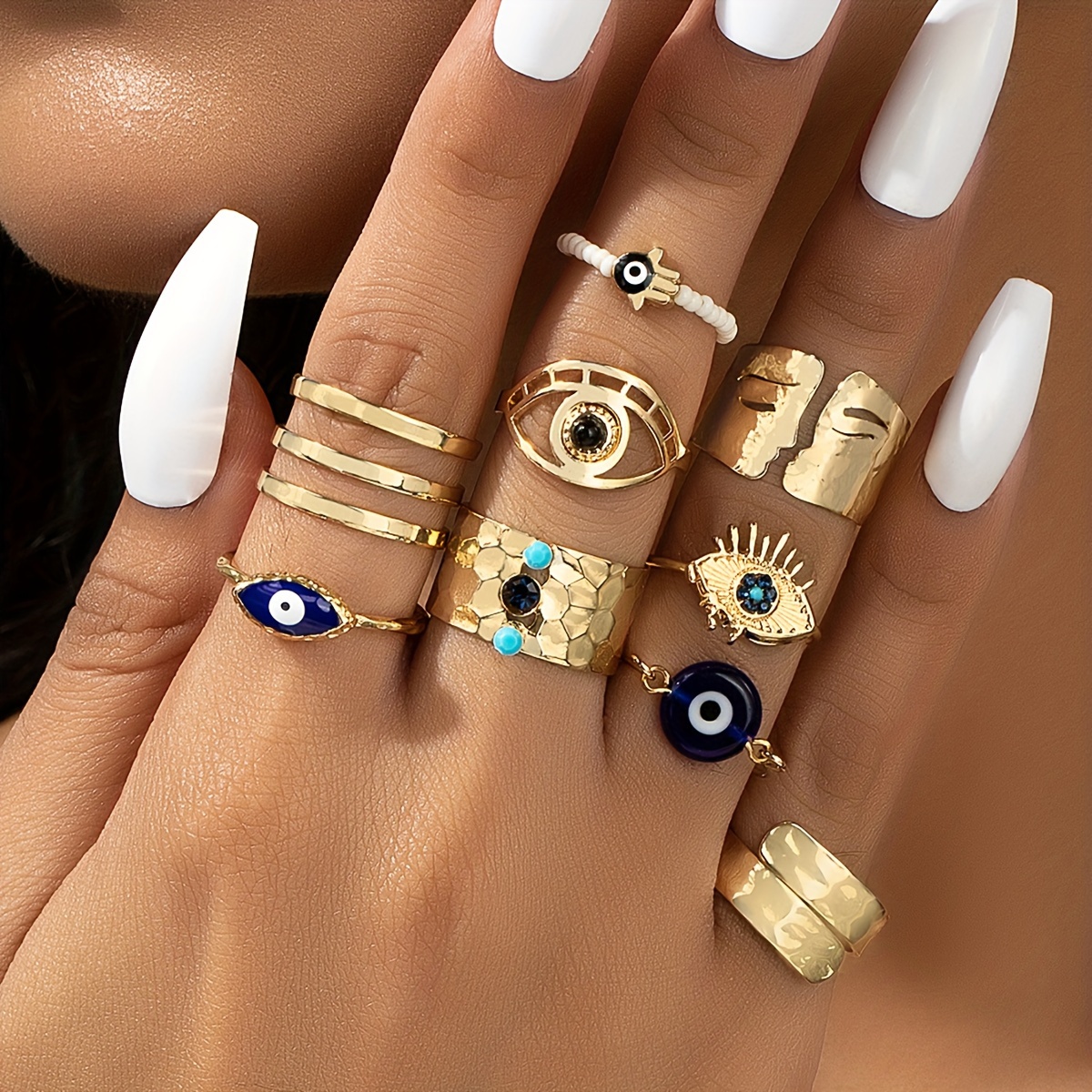 

9pcs Vintage Stacking Rings Retro Eye/ Palm Of Hamsa/ Face Design Mix And Match For Daily Outfits Party Accessory Perfect Decor For Cool Friends