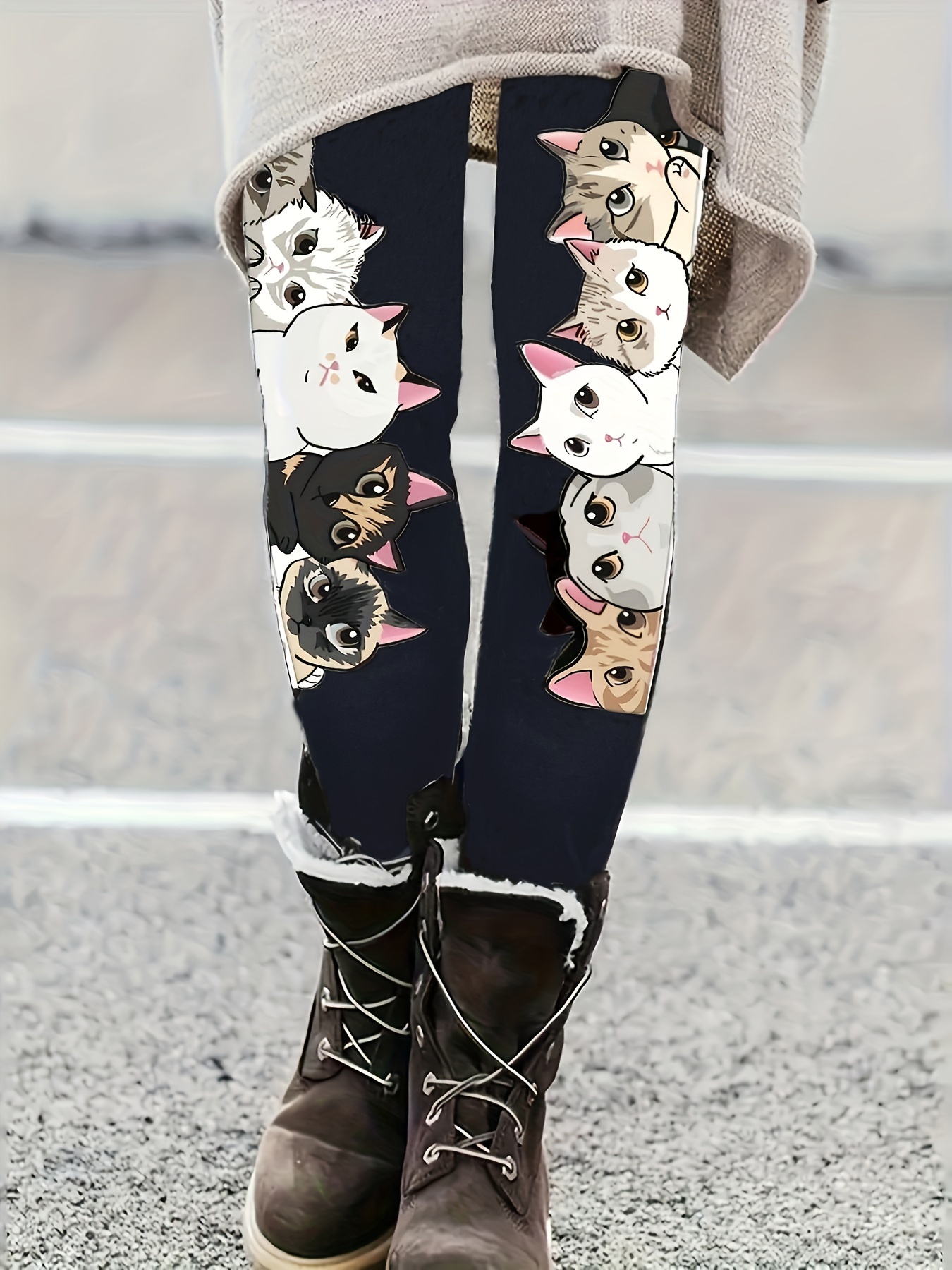 Cute Cat Print Skinny Leggings Casual Elastic Waist Stretchy - Temu