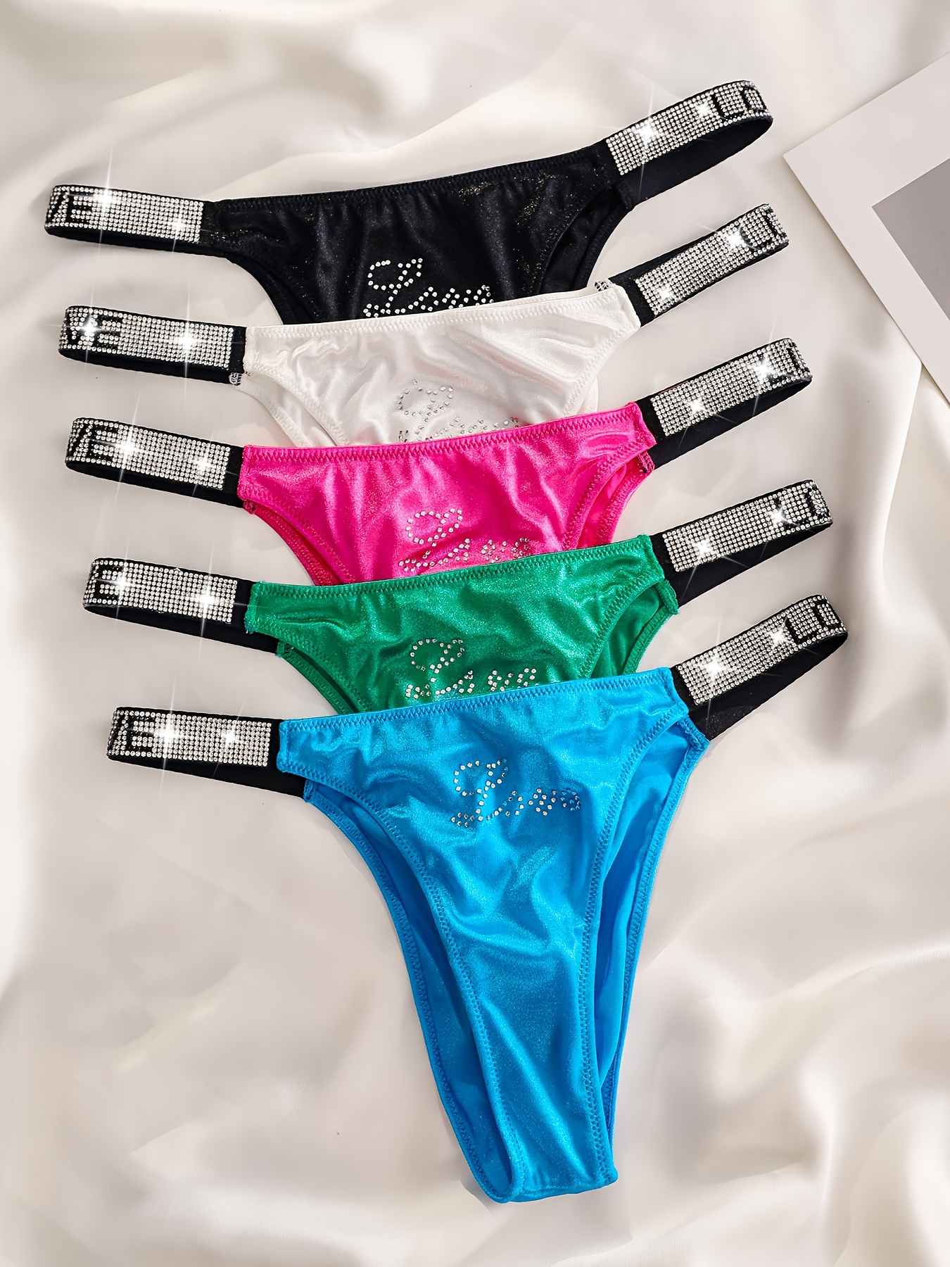 5pcs Colorblock Rhinestone Letter Tape Low Waist Briefs, Soft & Comfy  Stretchy Panties, Women's Lingerie & Underwear