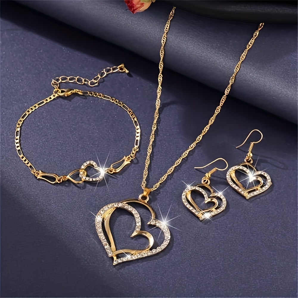 double hollow love heart jewelry set with pendant necklace drop earrings chain bracelet inlaid shiny zircon vintage style jewelry set details 2
