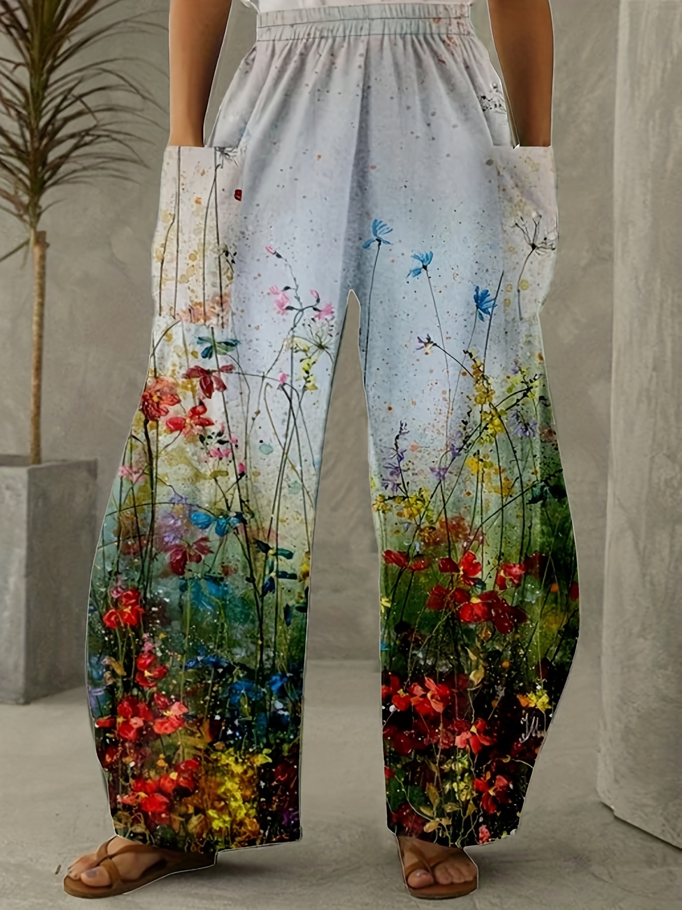 Plus Size Retro Pants Women's Plus Floral Print Elastic High - Temu  Philippines