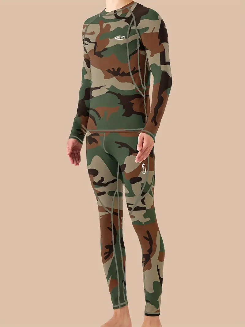 Camouflage Print Thermal Underwear For Men, Long Johns Set With Fleece,  Winter Hunting Outdoor Running Cycling Ski Equipment Sports Yoga Fitness  Base