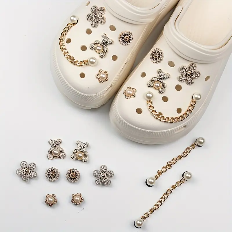 Shoe For Charms For Girls Women, Designer Jewelry Shoe Charms Pearl  Artificial Diamond Chain Shiny Butterfly Flower Charms Decoration, Golden  Charms Accessories Clog Sandals Chains For Shoe Decoration - Temu United  Arab