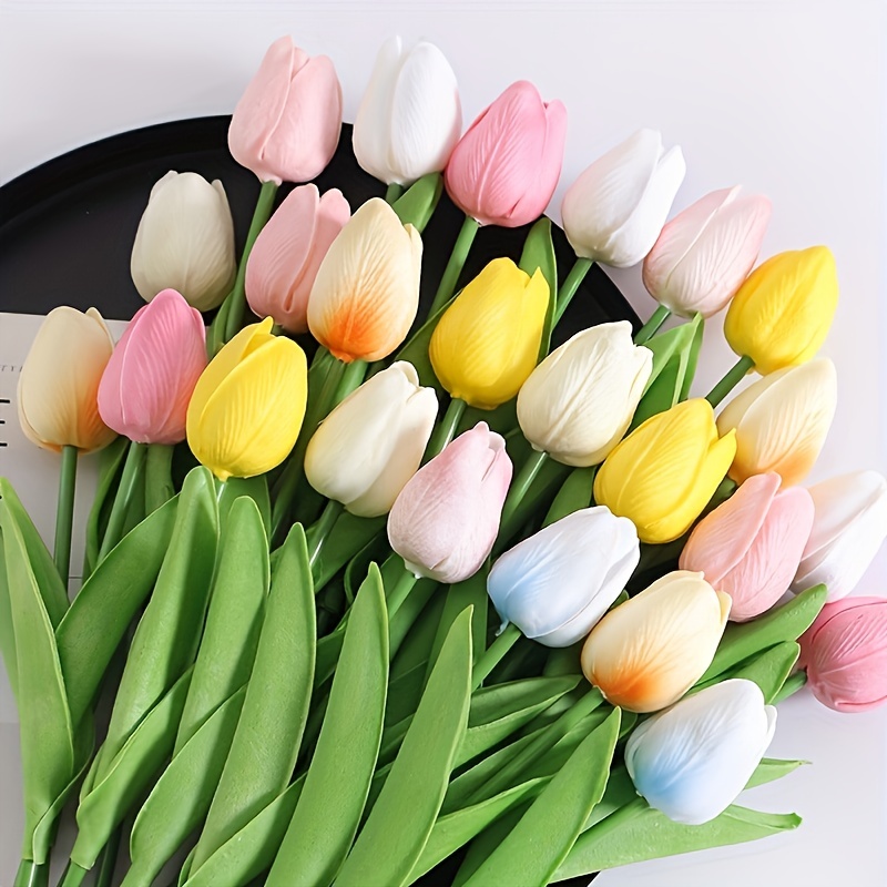 15 Heads Tulips Artificial Flowers Faux Tulip Stems Real Feel Tulips for  Spring Summer Wreath Wedding Bouquet Centerpiece Floral Arrangement  Cemetery